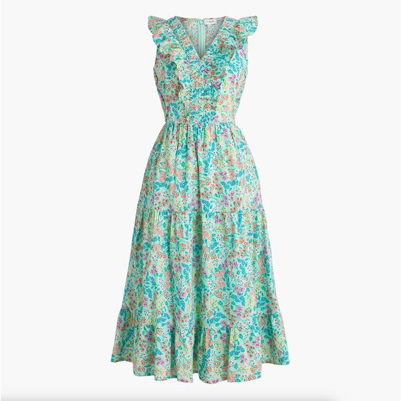 J. CREW Printed V-Neck Smocked Midi Dress Fresh Spring Green Floral Sz 8 {3N45} - Picture 1 of 7